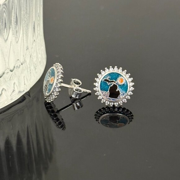 Michigan Bling Earrings S925 Sterling Silver Handmade Ear Stud - Picture 4 of 6